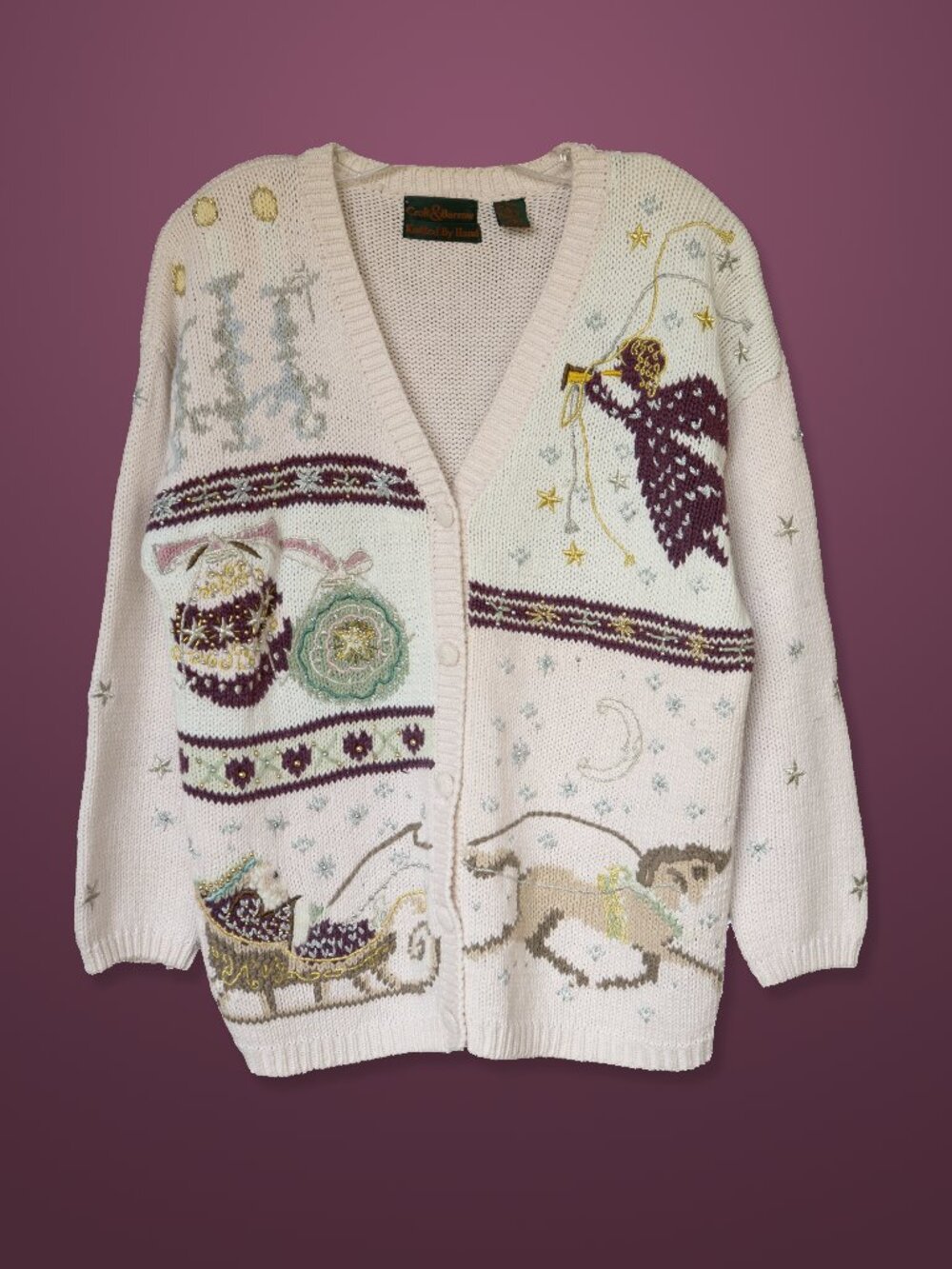 Vintage Christmas Sweater Petal Pink Pastel Beaded Embellished Chunky Knit Cardi